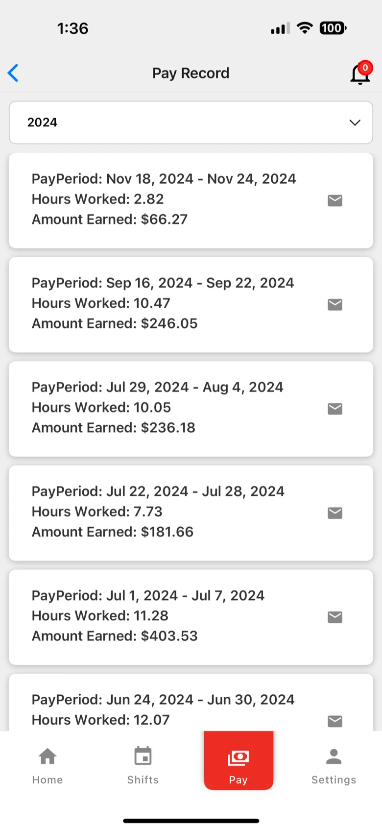 The Pay Record screen of the NurseStat clinician app: pay periods with hours worked and amount earned