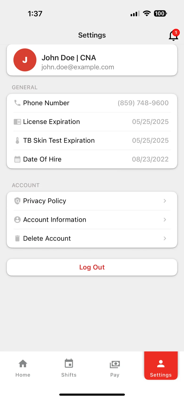 The Settings screen of the NurseStat clinician app: profile, phone number, license and TB test expirations, date of hire