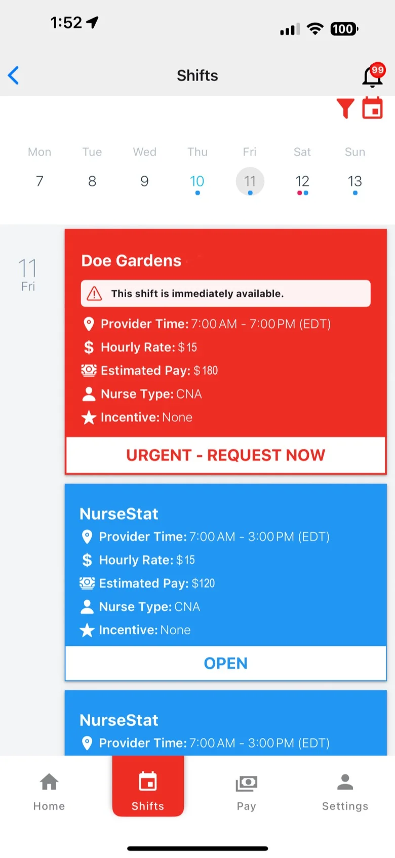 The Shifts screen of the NurseStat clinician app: a week strip and open shifts to request, one marked urgent