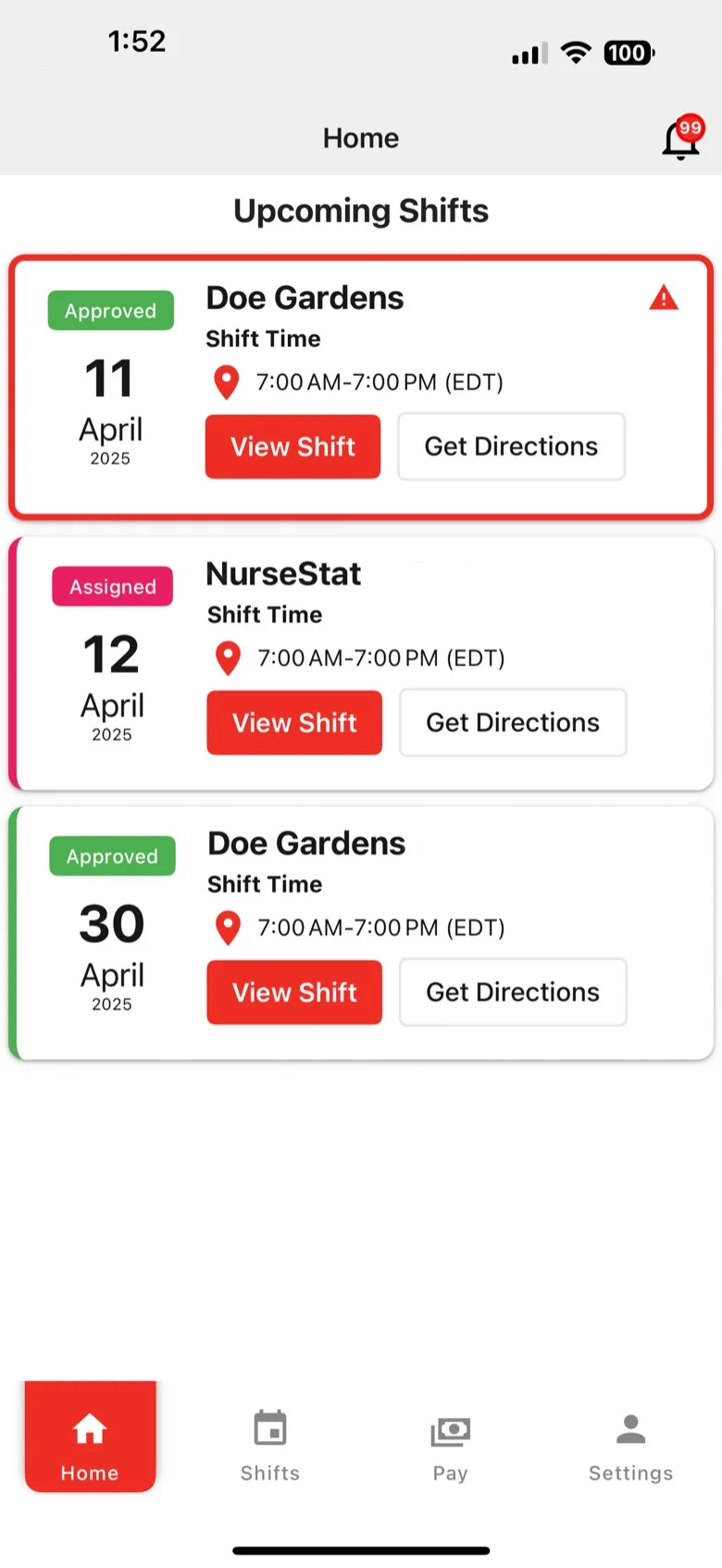 The Home screen of the NurseStat clinician app: upcoming approved and assigned shifts with directions