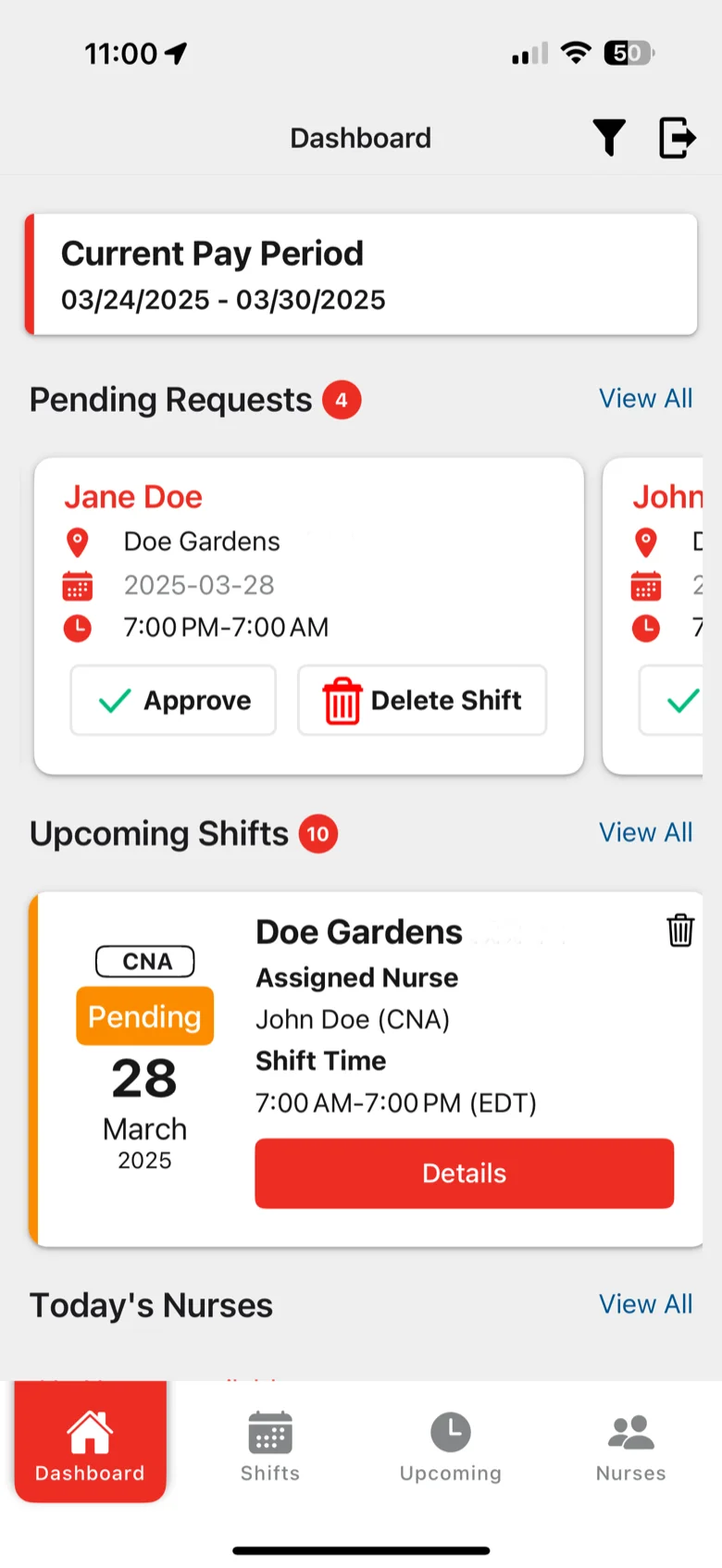 The Dashboard of the NurseStat facility app: current pay period, pending shift requests to approve, and upcoming shifts