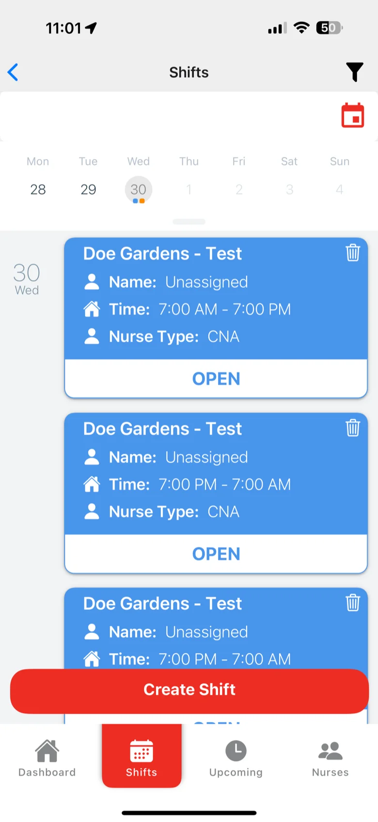 The Shifts screen of the NurseStat facility app: a week strip, open shifts by day, and a Create Shift button