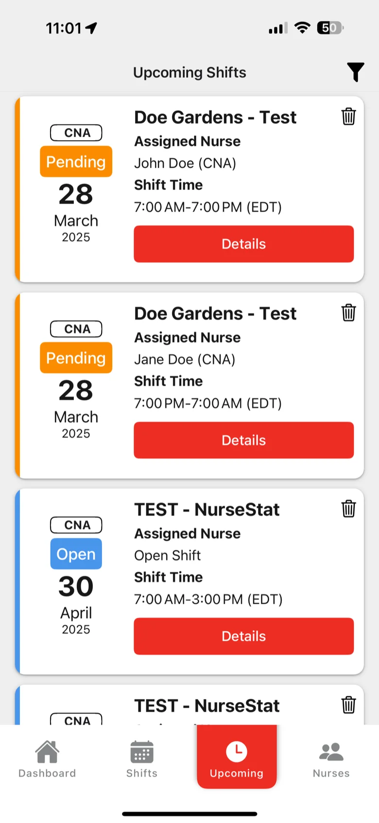 The Upcoming Shifts screen of the NurseStat facility app: pending and open shifts with the assigned nurse